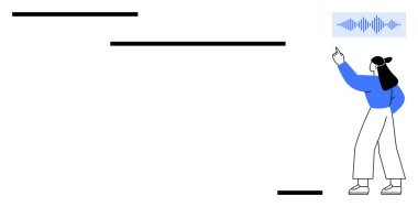 Minimalist tarzda bir kadın ses dalgalarını işaret ediyor, kayan adımların yanında duruyor gelişimi, gelişimi, yeniliği ve hareketi temsil ediyor. Eğitim, liderlik, fikirler, teknoloji stratejisi için ideal