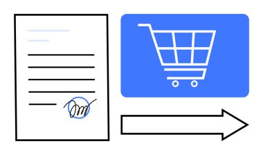 Belge mavi bir kalem ve ok ile birleştirilmiş alışveriş arabasıyla imzalanmış. E-ticaret, çevrimiçi anlaşmalar, sözleşmeler, dijital dönüşüm, yasal iş akışı, uzaktan işlemler için ideal