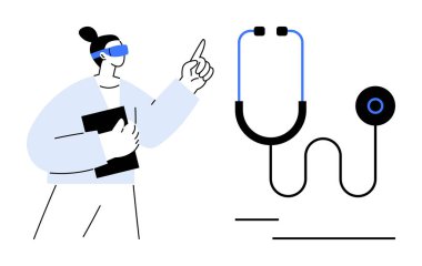 Büyük steteskop yakınında VR kulaklık takan biri. Sağlık hizmetlerinde teknoloji, yenilik, teletıp, tıp eğitimi, tanı, dijital sağlık araçları, gelecekteki tıp