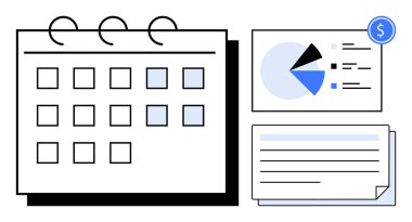 Yüzüğe bağlı takvim, işaretli tarihler, veri analizinde pasta grafiği, dolar simgesi olan belgeler. Planlama, organizasyon, finans, verimlilik, strateji yönetimi iş akışı için idealdir. Düz