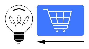 Mavi alışveriş arabasının yanındaki ampul, yönsel okla bağlanmış. E-ticaret, yenilik, çevrimiçi alışveriş, fikir paylaşımı, iş büyümesi, yaratıcılık, dijital eğilimler için ideal basit