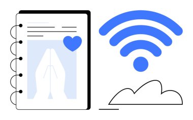 Dua eden elleri ve kalp ikonuyla birlikte bulutun üzerinde mavi kablosuz sinyali olan defteri aç. İnanç, topluluk, maneviyat, çevrimiçi destek, teknoloji, dua, sanal bağlantı için idealdir. Modern daire