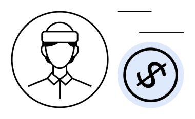 Üniformalı bir kişinin profili bir dolar işareti ile eşleştirilmiş, istihdam, gelir ve finansal işlemleri sembolize ediyor. Kariyer, maaş, ekonomi, tasarruf, işgücü istihdamı için ideal