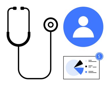 Stetoskop, kullanıcı profili simgesi ve tıbbi bakım, hasta yönetimi, finans ve veri içgörüleri temalarını vurgulayan verilerle finansal pasta grafiği. Sağlık, analiz ve finans için ideal