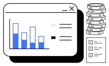 Veri içgörülerini gösteren çubuk çizelgesi, serveti temsil eden bozuk para yığını ve görevler için kontrol listesi. Finans, analitik, planlama, yatırım, verimlilik bütçe stratejisi için ideal. Düz basit