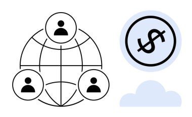 Dünyadaki bağlantılı insanlardan oluşan bir ağ finans için dolar işaretinin yanında iletişimi sembolize ediyor. Takım çalışması, ekonomi, küreselleşme, topluluk, iş dünyası, dijital iletişim için ideal