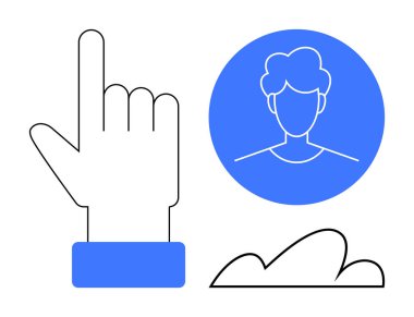 Eller yukarı bakıyor, kullanıcı profili mavi bir dairede ve soyut bulut çizgisi. İletişim, kullanıcı arayüzü, sosyal medya, erişilebilirlik, internet ağ yaratıcılığı için ideal. Düz basit