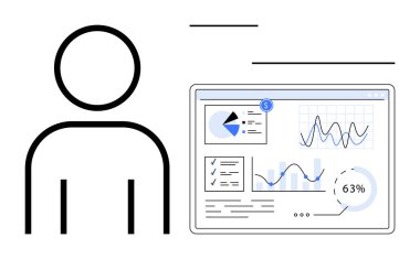 Grafikler, grafikler ve veri görselleştirmeleri içeren dijital gösterge panelinin yanındaki simge. Veri yönetimi, iş performansı, kullanıcı analizleri, raporlar, istatistikler, piyasa analizi dairesi için ideal