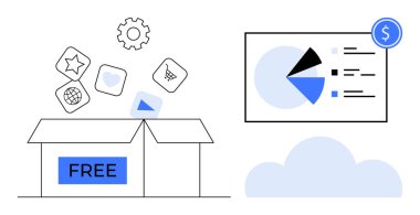 Ücretsiz uygulamaların yükseldiği kutuyu aç, dişli simgesi, pasta grafiği ve bulutlu analiz grafiği. Teknoloji, eğitim, pazarlama, bulut depolama uygulaması geliştirme veri analizi ve girişimleri için ideal. Düz basit