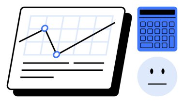 Tablette yukarı doğru eğilimli çizgi çizelgesi, yanında hesap makinesi, altında nötr yüz simgesi. Analiz, araştırma, eğitim, finans, istatistik planlama değerlendirmesi için ideal. Düz basit metafor