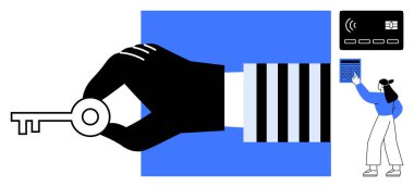 Erişimin anahtar sembolü, temassız ikonu olan ödeme kartı, hesap makinesi kullanan kişi. Erişim, finans, güvenlik, teknoloji, yenilik hesaplaması için ideal minimum tasarım. Düz