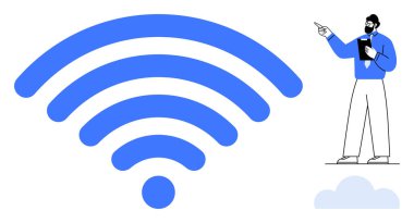 Resmi giyinmiş bir adam, önemli bir kablosuz ikona doğru işaret ediyor. Bağlantı, iletişim, teknoloji, yenilik, internet erişimi, kablosuz ağlar, çevrimiçi hizmetler için idealdir. Düz