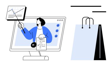 Ekranda veri analizini e-ticareti vurgulayan işaretleyici ve alışveriş torbalarıyla sunan kişi. Pazarlama, analitik, eğitim, e-ticaret, sanal hizmetler, iş büyümesi ve tüketici için ideal