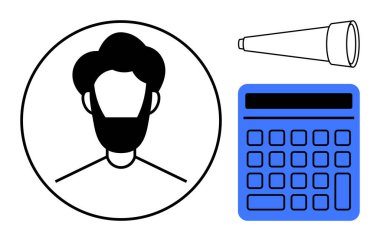 Çemberin içinde minimalist bir insan profili, teleskop keşif öneriyor, ve analizi gösteren hesap makinesi. Teknoloji, araştırma, analiz, eğitim, veri keşfi için ideal