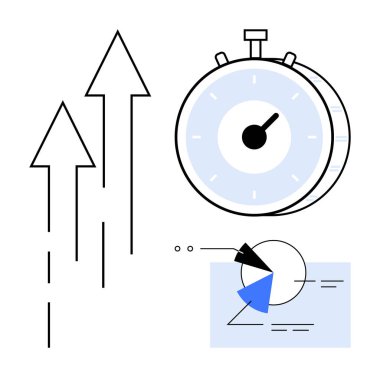 Yukarı bakan oklarla kronometre ve zaman yönetimi, ilerleme takibi, verimlilik ve performans artışına odaklanan bir pasta grafiği. Üretkenlik, iş, planlama, hedefler için ideal