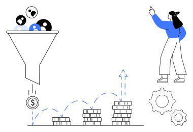 Huni filtreleme madeni paralara yol açar, bozuk paralar istiflenmiş sütunlar oluşturur. Kadın stratejisi. Vitesler gelişmeyi sembolize ediyor. Pazarlama, satış, iş büyümesi, strateji, verimlilik için ideal