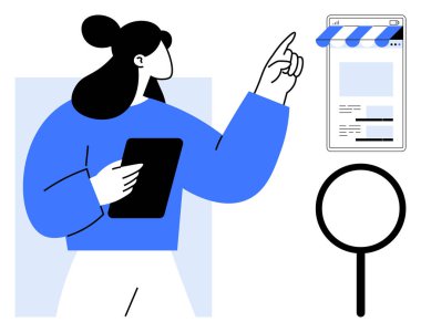 Genç bir kadın internet sayfası ekranına işaret eden tablet tutuyor. İnternetteki araştırma, analiz ve navigasyonu vurgulayan bir büyüteçle. Teknoloji, eğitim, strateji, arama, e-ticaret, öğrenme için ideal