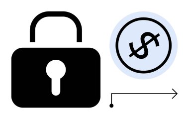 Bir çemberin içindeki dolar işaretinin yanındaki siyah kilit, bir okla bağlanmış. Finans, güvenlik, iş, gizlilik, işlemler, koruma yatırım temaları için idealdir. Düz basit metafor