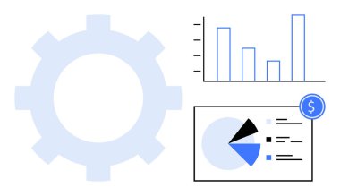 Bar tablosu ve pasta grafiği ile donanım takım çalışması, analitik, finansal planlama ve teknoloji optimizasyonunu temsil ediyor. İş, büyüme, sanayi, finans, süreç verimliliği işlemleri için ideal