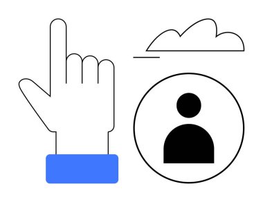 Bir kullanıcı profili silueti ve bulut simgesinin yanında yukarı dönük el hareketi. Kullanıcı etkileşimi, seçim, teknoloji, kişisel giriş, veri depolama, dijital kimlik ve bağlantı için ideal