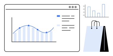 Satır ve çubuk grafikleri, alışveriş torbaları eşliğinde bir tarayıcı penceresinde veri eğilimleri ve analizleri gösterir. E-ticaret, analitik, performans, perakende, web tasarımı, iş stratejisi için ideal