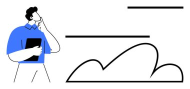 Tablet tutan erkek figürü, soyut şekiller düşünüyor, fikirleri keşfediyor. Yaratıcılık, beyin fırtınası, yenilik, teknoloji, problem çözme stratejisi ve odaklanma için idealdir. Düz basit metafor
