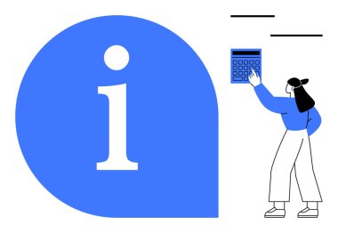 Büyük mavi bilgi sembolü yakınında hesap makinesiyle etkileşime giren bir kadın. Eğitim, finans, istatistik, teknoloji, karar verme, rehberlik, iletişim için idealdir. Düz basit metafor