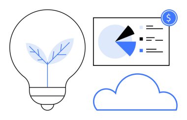 Bitki filizli ampul, turta dilimli veri tablosu, bulut simgesi ve dolar işareti. Sürdürülebilirlik, eko-yenilik, veri güdümlü büyüme, mali strateji, bulutların temiz hesaplanması için ideal