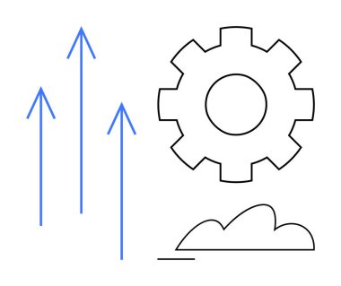 Mavi oklar bir dişli ve bir bulutun yanında yukarı bakıyor. Yenilik, ilerleme, teknoloji, büyüme, gelişme, strateji ve verimlilik için ideal. Düz basit metafor