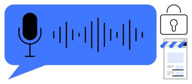 Mikrofon, ses dalgası, kilit ve e-ticaret arayüzü ses teknolojisi, güvenlik ve dijital entegrasyonu temsil etmektedir. Teknoloji, güvenlik, iletişim, e-ticaret ses tanıma için ideal