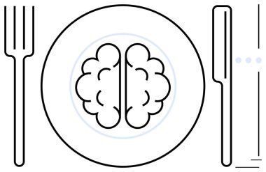 Yemek tabağına çatal ve bıçakla yerleştirilmiş beyin zihinsel beslenmeyi, yaratıcılığı, farkındalığı ve eğitimi simgeliyor. Öğrenme, yenilik, merak ve psikoloji sağlığı için ideal