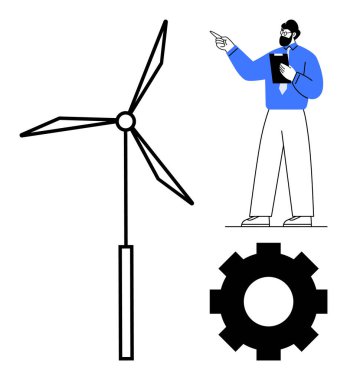 Rüzgâr türbini vites yanında ve pano tutan bir adam var. Sürdürülebilirlik, yenilenebilir enerji, yenilik, mühendislik, çevre bilinci, teknoloji, yeşil çözümler için idealdir. Düz basit