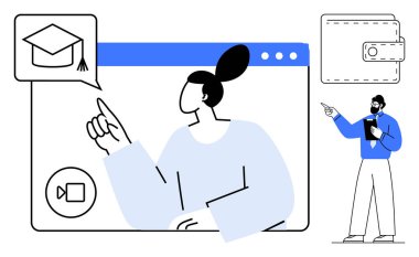 Kullanıcı tarayıcı penceresinde eğitimi tartışan bir video çağrısına bağlanıyor. Erkek, cüzdanı işaret ediyor. E-öğrenim, finans, uzaktan eğitim, teknoloji, bütçe, dijital araçlar, çevrimiçi etkileşimler için ideal