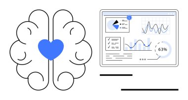Merkezinde kalp olan beyin hatları ve analitik gösterge paneli grafikleri, pasta grafikleri, metin. Ruh sağlığı, sinir bilimi, analitik, duygusal zeka, araştırma, sağlık düzlüğü için idealdir.