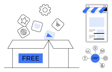 Uygulama simgeleri olarak temel araçların serbest bırakılması kutucuğu işaretlendi. Yakın ERP sistemi, mobil ekranda finans, analitik ve satışları entegre eder. İş, teknoloji, yenilik, maliyet yönetimi, uygulama için ideal