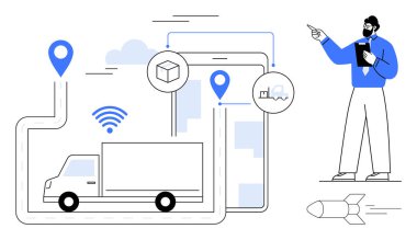 GPS işaretleri, dijital bir harita ve takip sinyalleri olan bir yolda giden bir kargo kamyonu. Lojistik stratejisi belirleyen bir işletme müdürü. Nakliye, teknoloji, otomasyon, tedarik zinciri için ideal