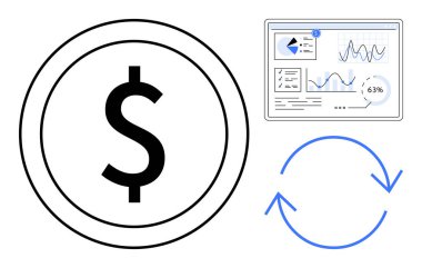 Dolar işareti, raporlu analitik gösterge paneli, yinelenen gelir döngülerini vurgulayan sembolü tazeleme. Finans, iş büyümesi, veri yönetimi, yatırım stratejisi, analitik sunumu için ideal