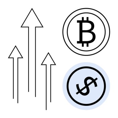 Yukarı çıkan oklar Bitcoin ve dolar simgelerinin yanında büyümeyi sembolize ediyor. Piyasa analizi, yatırım, büyüme, kripto para birimi, ticaret, finansal trendler, çevrimiçi ekonomi için ideal. Düz basit metafor