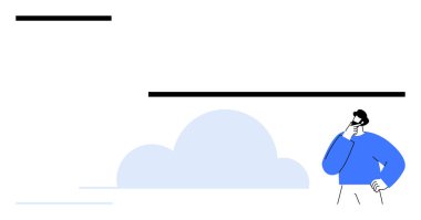 Bulut çizimi ve soyut çizgilerin yanında elleri çenesinde olan bir birey. Yenilik için ideal, yaratıcılık, problem çözme, teknoloji, bulut hesaplama, yansıtma, strateji. Düz basit metafor