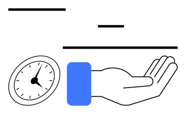 Zaman, destek, bağlılık ve cömertliği sembolize eden kalın çizgilerle uzatılmış el ve saat. Takım çalışması, verimlilik, teslim tarihleri, zaman yönetimi, sorumluluk dairesi için ideal