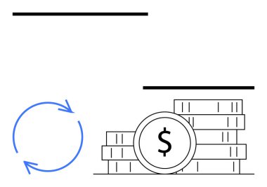 Mavi dairesel oklar, madeni ciroları ve yatırımı simgeleyen dolar işaretli bozuk para yığınının yakınındaki akışı sembolize ediyor. Finans, ekonomi, bütçe, yatırım, tasarruf, nakit akışı için ideal