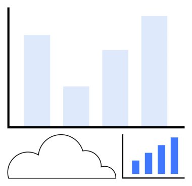Dikey çubuk grafikleri ve bulut anahatları veri analizini, bulut hesaplamasını ve bilgi büyümesini sembolize eder. İş için ideal, analitik, dijital yenilik, teknoloji, bulut hizmetleri, içgörü düzlüğü