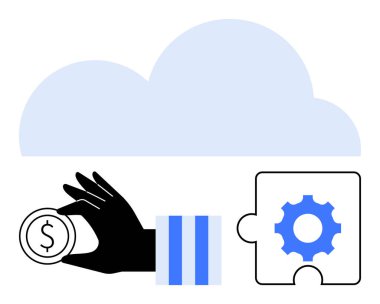 El ele tutuşan bozuk para, bulmaca parçasının yanında bulut altında. Finans, teknoloji, bulut hesaplama, takım çalışması, yenilik, problem çözme, dijital çözümler için idealdir. Düz basit metafor