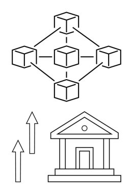 Engelleme küpleri bir banka binasının üstündeki ağda birbirine bağlı. Artan oklar büyüme, yenilik ve finansal dönüşümü gösteriyor. Fintech, engelleme zinciri, bankacılık ve teknoloji için ideal