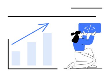 Kod paneli tutan kadının yanında yukarı doğru ok olan büyüme tablosu. Teknoloji, kodlama, büyüme, ilerleme, analitik, eğitim, yazılım geliştirme için idealdir. Düz basit metafor