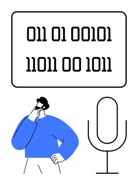 Düşünce baloncuğunun içindeki ikili kod, mavi düşünen bir insan ve öne çıkan bir mikrofon. İletişim, kodlama, yapay zeka, konuşma tanıma, yenilik teknolojisi problem çözme için ideal. Düz
