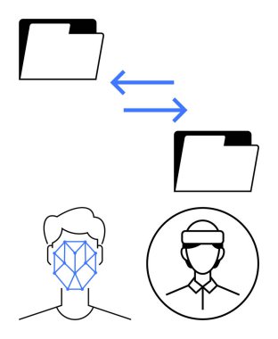 Yüz tanıma ve veri alışverişinde bulunan iki dosyaya bağlı kullanıcı kimlik doğrulama simgeleri. Biyometrik, siber güvenlik, dijital kimlik, dosya paylaşımı, güvenli erişim, şifreleme için ideal