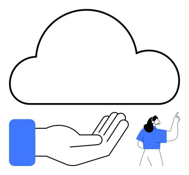 Büyük bir bulut sunan, açıklamaya çalışan bir kadın. Teknoloji, bulut depolama, veri paylaşımı, dijital sorumluluk, yenilik, bilişim hizmetleri işbirliği için ideal. Düz