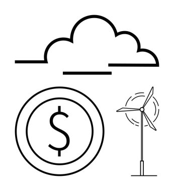Bulut, rüzgar türbini ve dolar sembolü sürdürülebilirliği, yenilenebilir enerjiyi, ekonomik verimliliği ve yeniliği temsil ediyor. Enerji, para, çevre, gelecekteki iklim ticareti minimalizmi için ideal