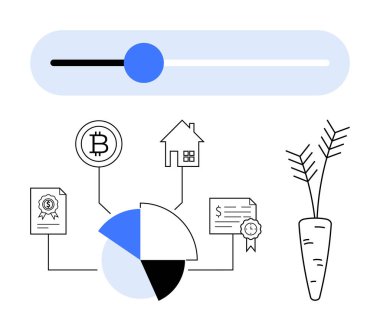Kripto para birimi, gayrimenkul, sertifikalı belgeler ve havuç, finans, yatırım dağılımı, varlık tahsisi ve sürdürülebilirliği sembolize eden bir pasta şeması. Ekonomi için ideal
